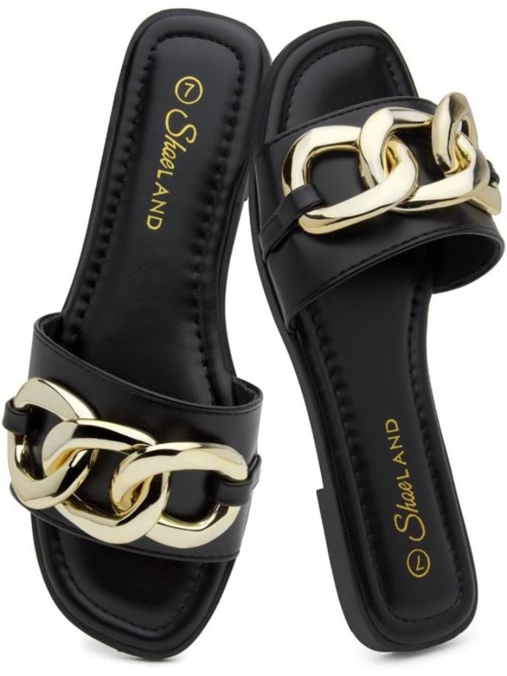 Women's Black Flat Square Open Toe Single Band Metal Chain Summer Dressy Sandals